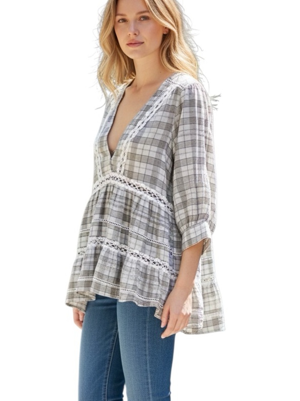 Free People Time Out Eyelet, Tunic Top, V Cut Front, Semi Sheer